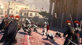 Ezio and and his companion assassins fighting guards in a Roman piazza