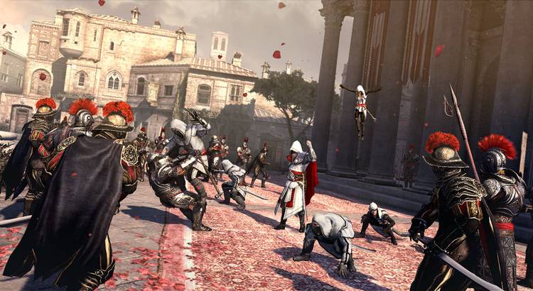 Ezio and and his companion assassins fighting guards in a Roman piazza