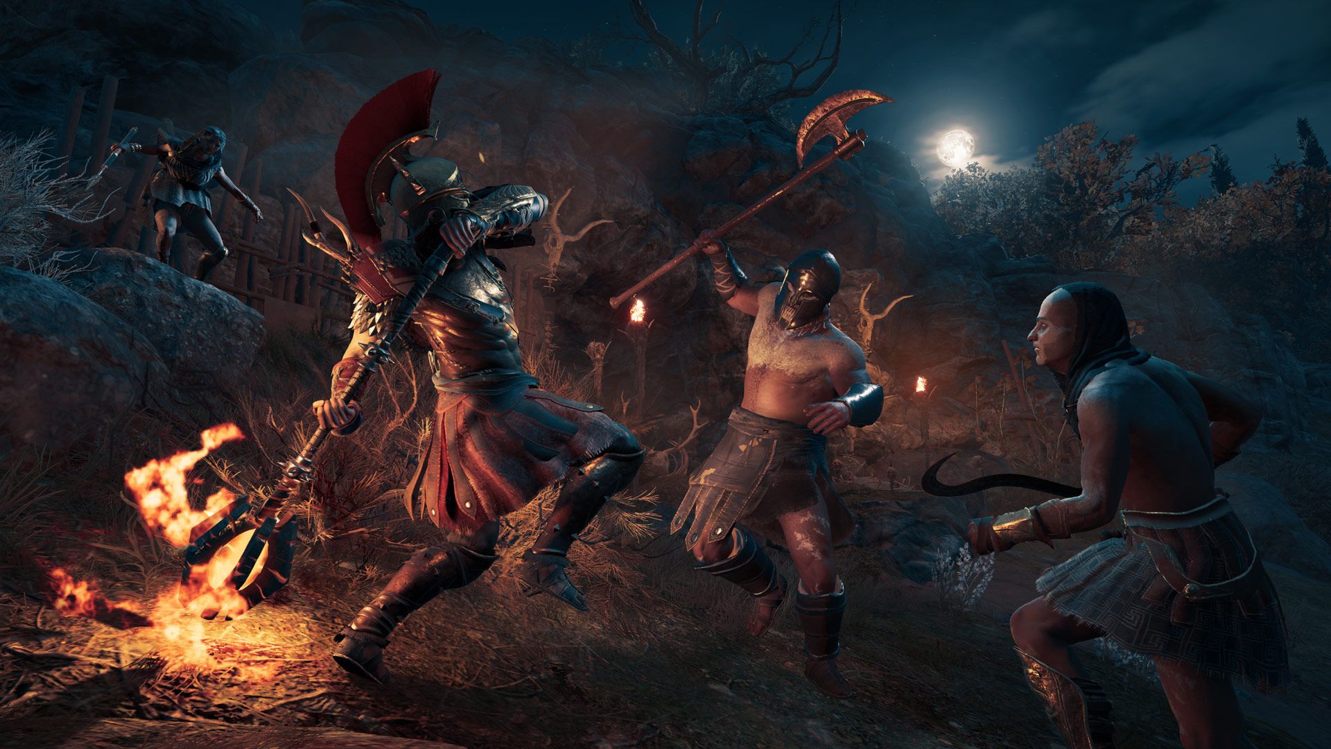 Alexios fighting mercenaries in the night
