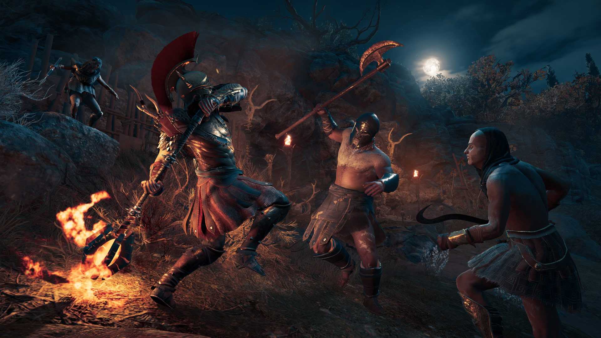 Alexios fighting mercenaries in the night