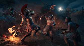 Alexios fighting mercenaries in the night