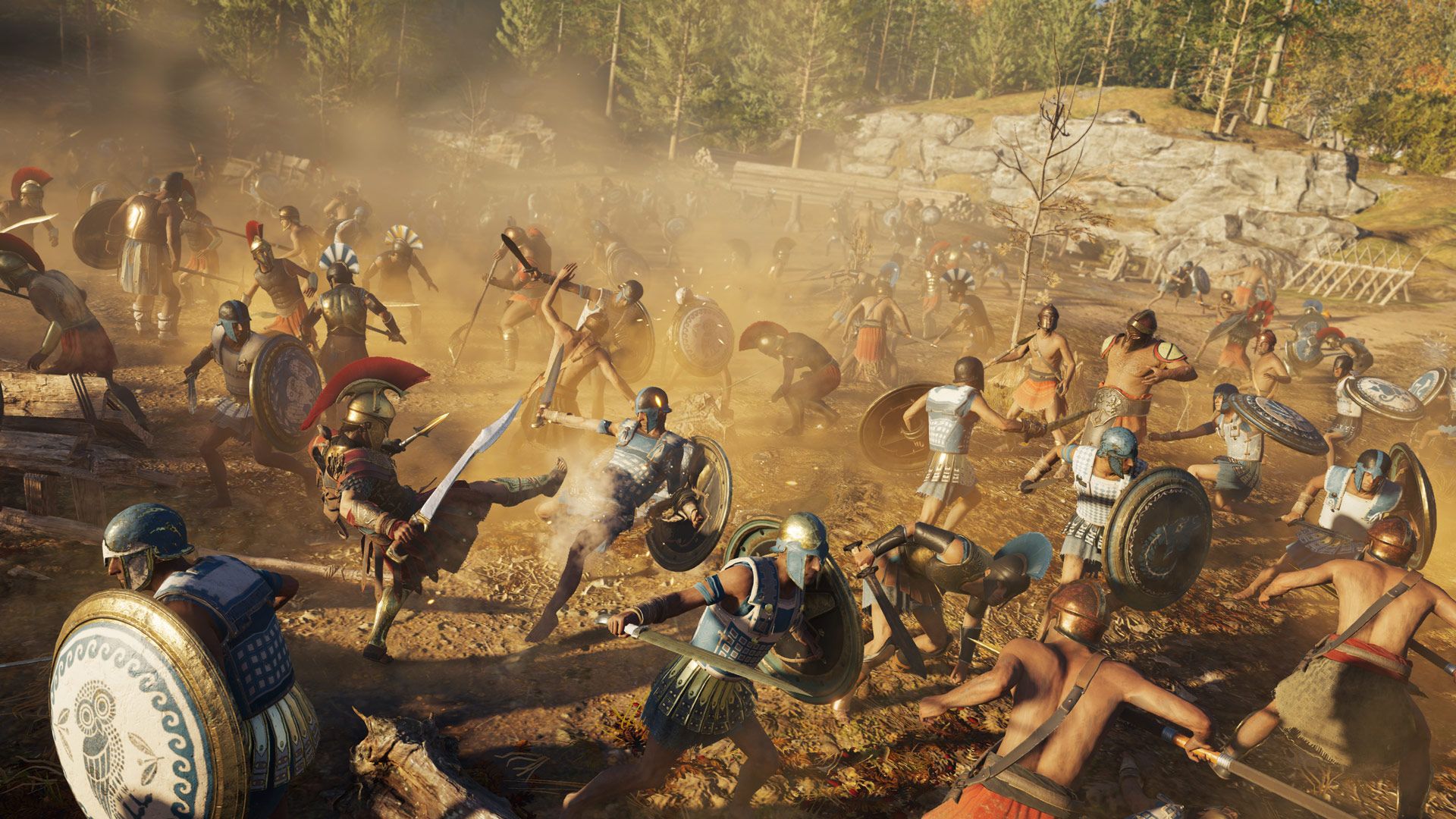 Alexios sparta-kicking an enemy in a crowded battlefield
