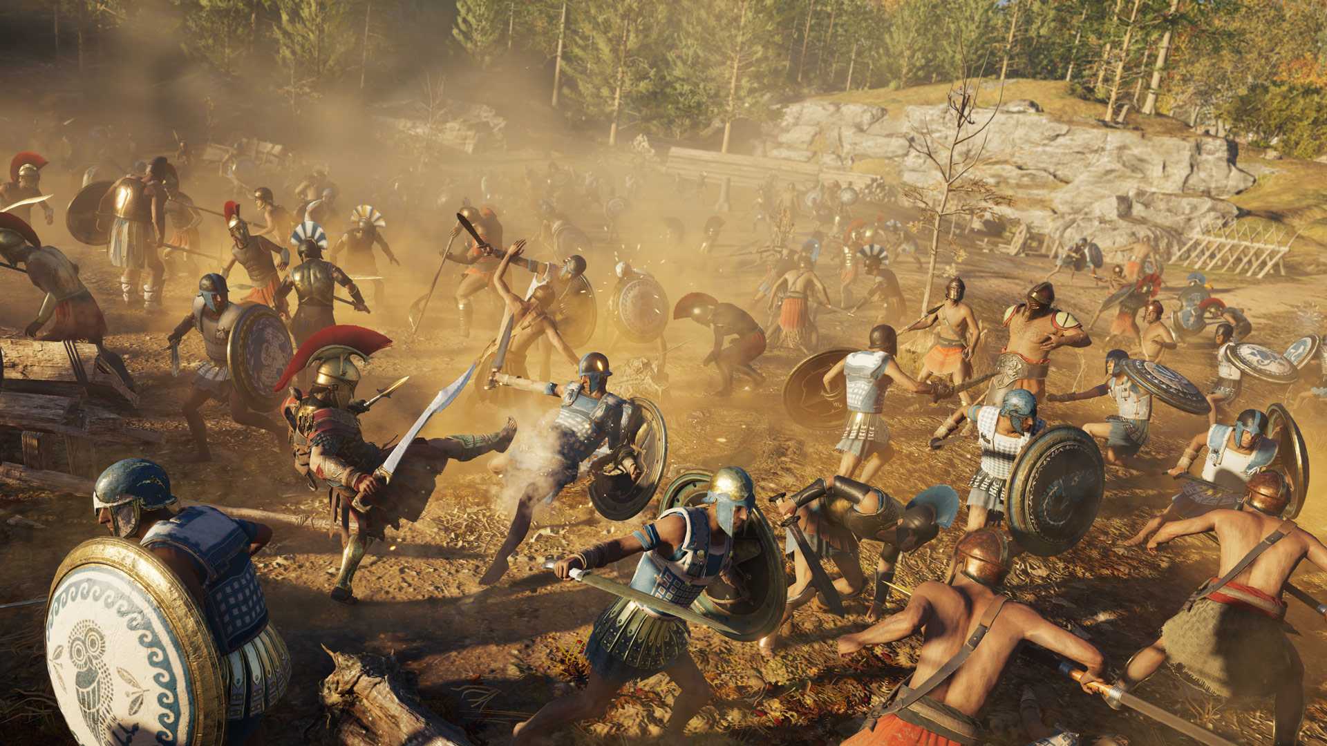 Alexios sparta-kicking an enemy in a crowded battlefield
