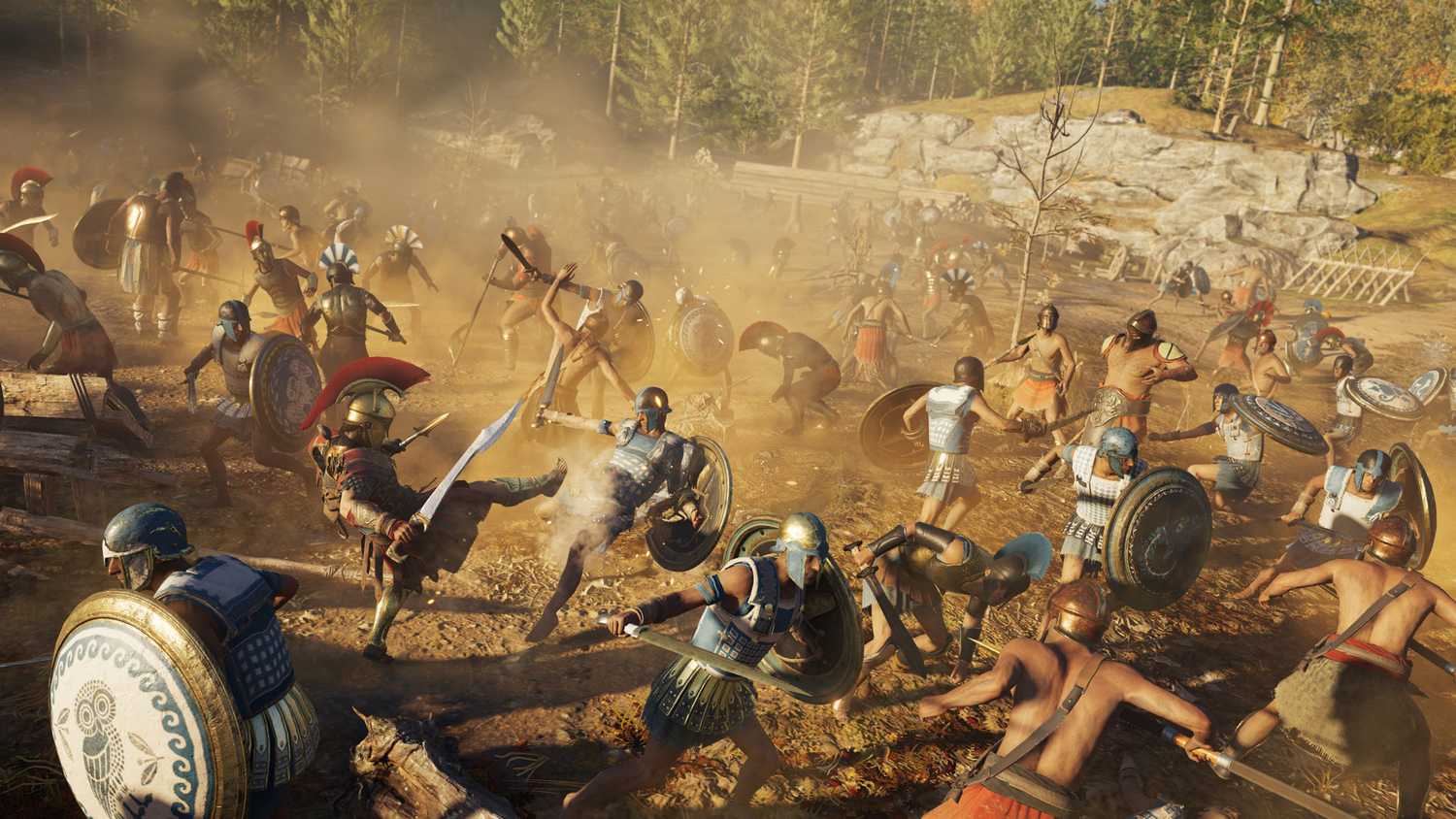 Alexios sparta-kicking an enemy in a crowded battlefield