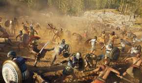Alexios sparta-kicking an enemy in a crowded battlefield