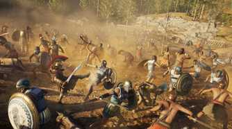 Alexios sparta-kicking an enemy in a crowded battlefield