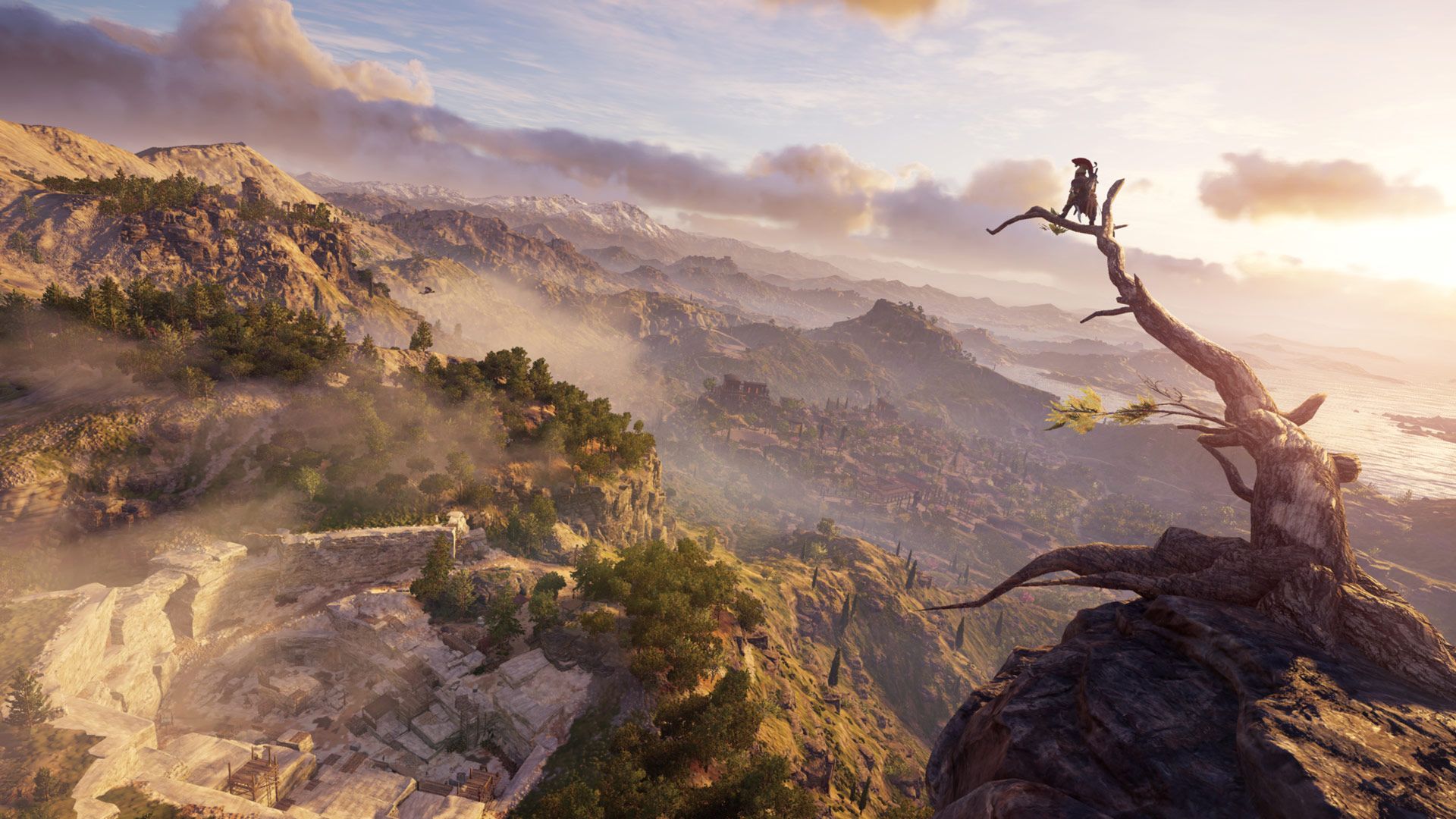 Alexios on a tree branch viewing the landscape of Ancient Greece