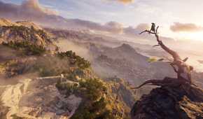 Alexios on a tree branch viewing the landscape of Ancient Greece