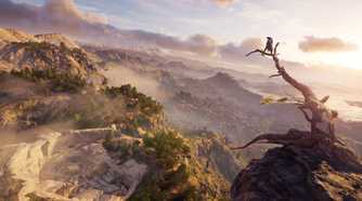 Alexios on a tree branch viewing the landscape of Ancient Greece