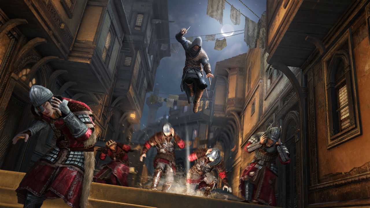 Ezio throwing a bomb mid-air on a batch of guards in the night