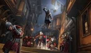 Ezio throwing a bomb mid-air on a batch of guards in the night