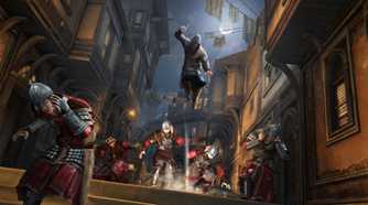 Ezio throwing a bomb mid-air on a batch of guards in the night