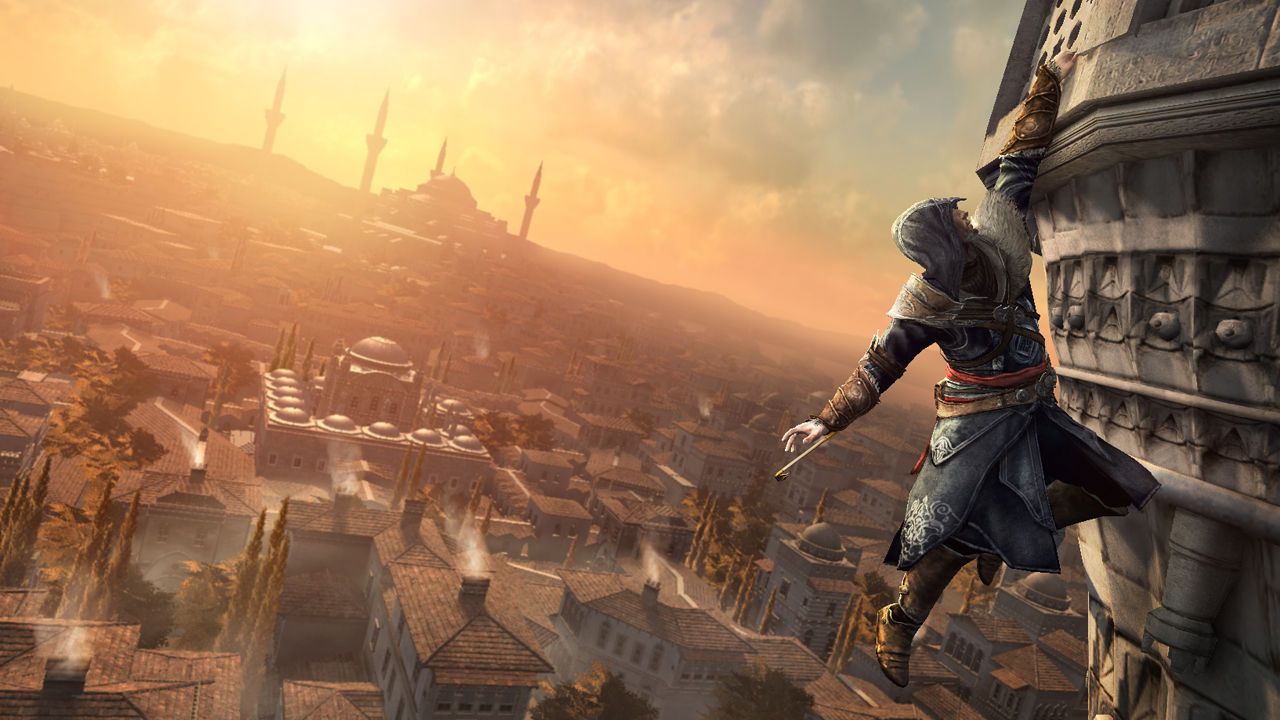 Ezio climbing a building in Constantinople showing the skyline and Hagia Sophia in the horizon