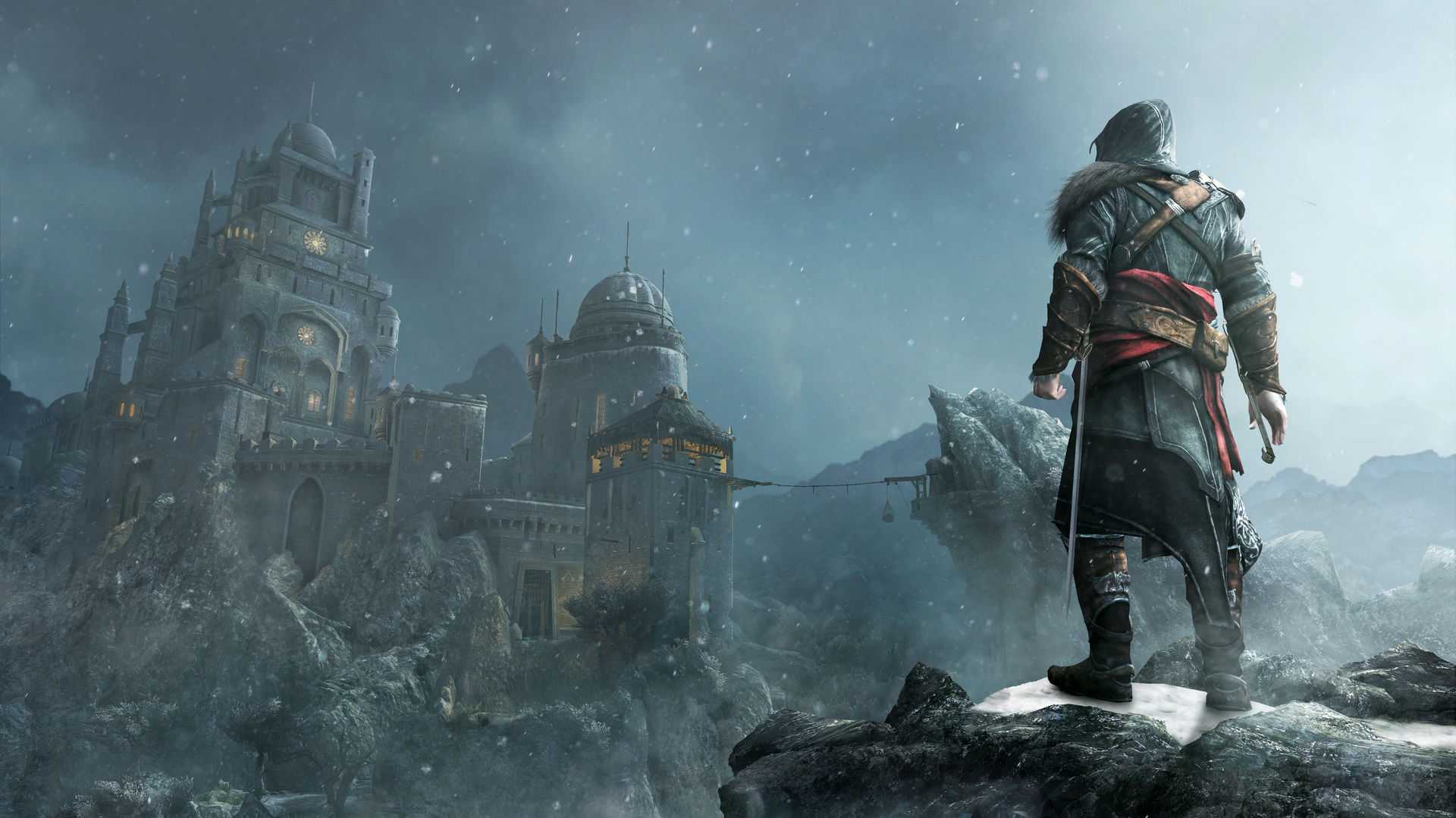 Back angle of Ezio standing on a cliff and looking at Alamut castle in Masyaf