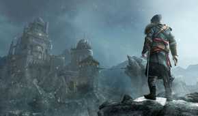 Back angle of Ezio standing on a cliff and looking at Alamut castle in Masyaf