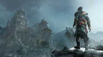 Back angle of Ezio standing on a cliff and looking at Alamut castle in Masyaf