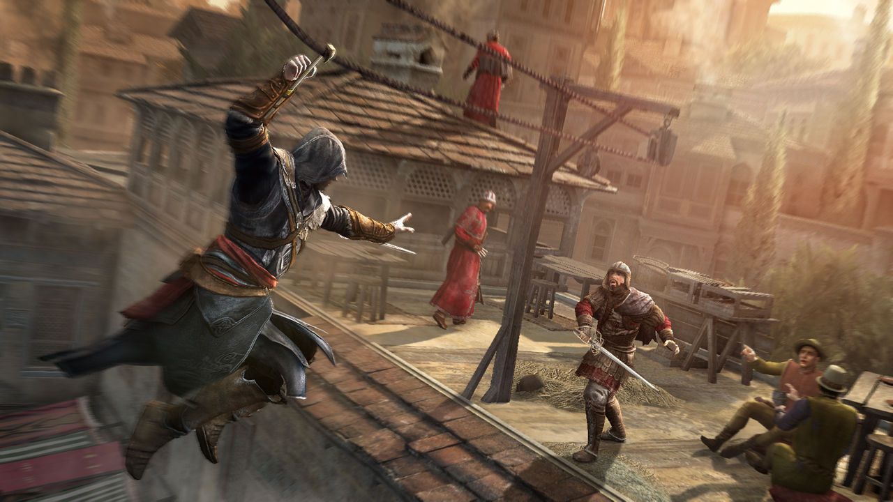 Ezio sliding on a rope to attack a guard using his hidden blade on Constantinople rooftops