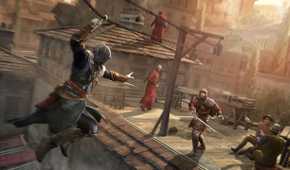Ezio sliding on a rope to attack a guard using his hidden blade on Constantinople rooftops