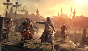Ezio using his hidden blade to kill a guard among two guards running to attack him