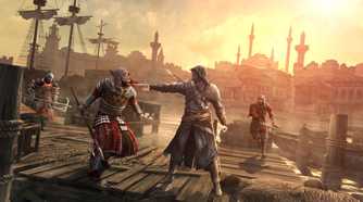 Ezio using his hidden blade to kill a guard among two guards running to attack him