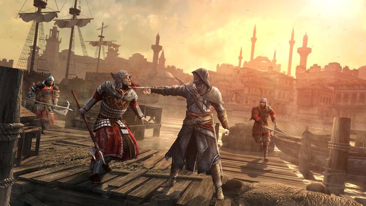 Ezio using his hidden blade to kill a guard among two guards running to attack him