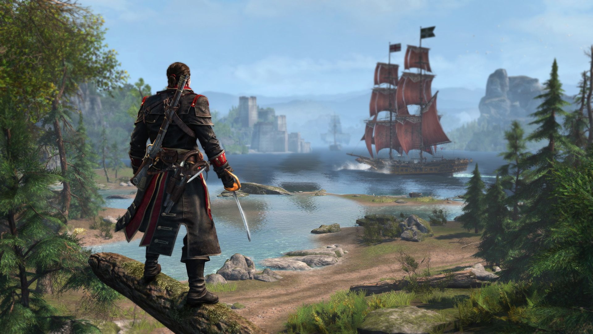 Shay standing on a tree branch looking at a red-flagged ship in the horizon