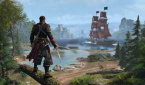 Shay standing on a tree branch looking at a red-flagged ship in the horizon