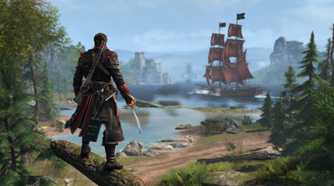 Shay standing on a tree branch looking at a red-flagged ship in the horizon