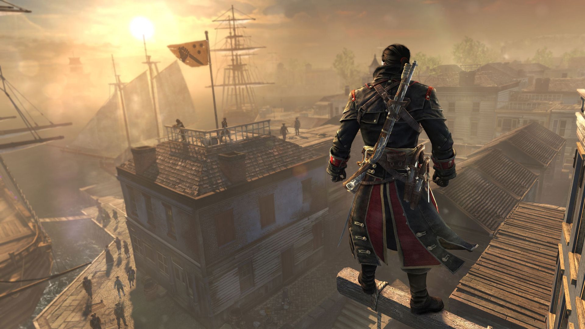 Shay standing on a viewpoint looking at an adjacent rooftop with guards and a multiple ships in the background