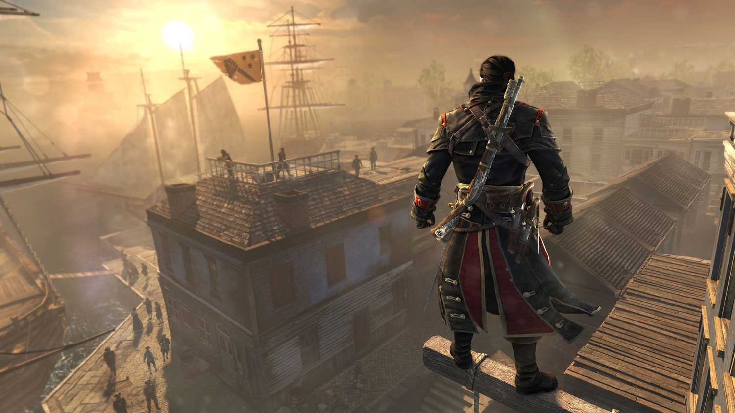 Shay standing on a viewpoint looking at an adjacent rooftop with guards and a multiple ships in the background