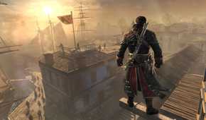 Shay standing on a viewpoint looking at an adjacent rooftop with guards and a multiple ships in the background