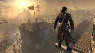Shay standing on a viewpoint looking at an adjacent rooftop with guards and a multiple ships in the background