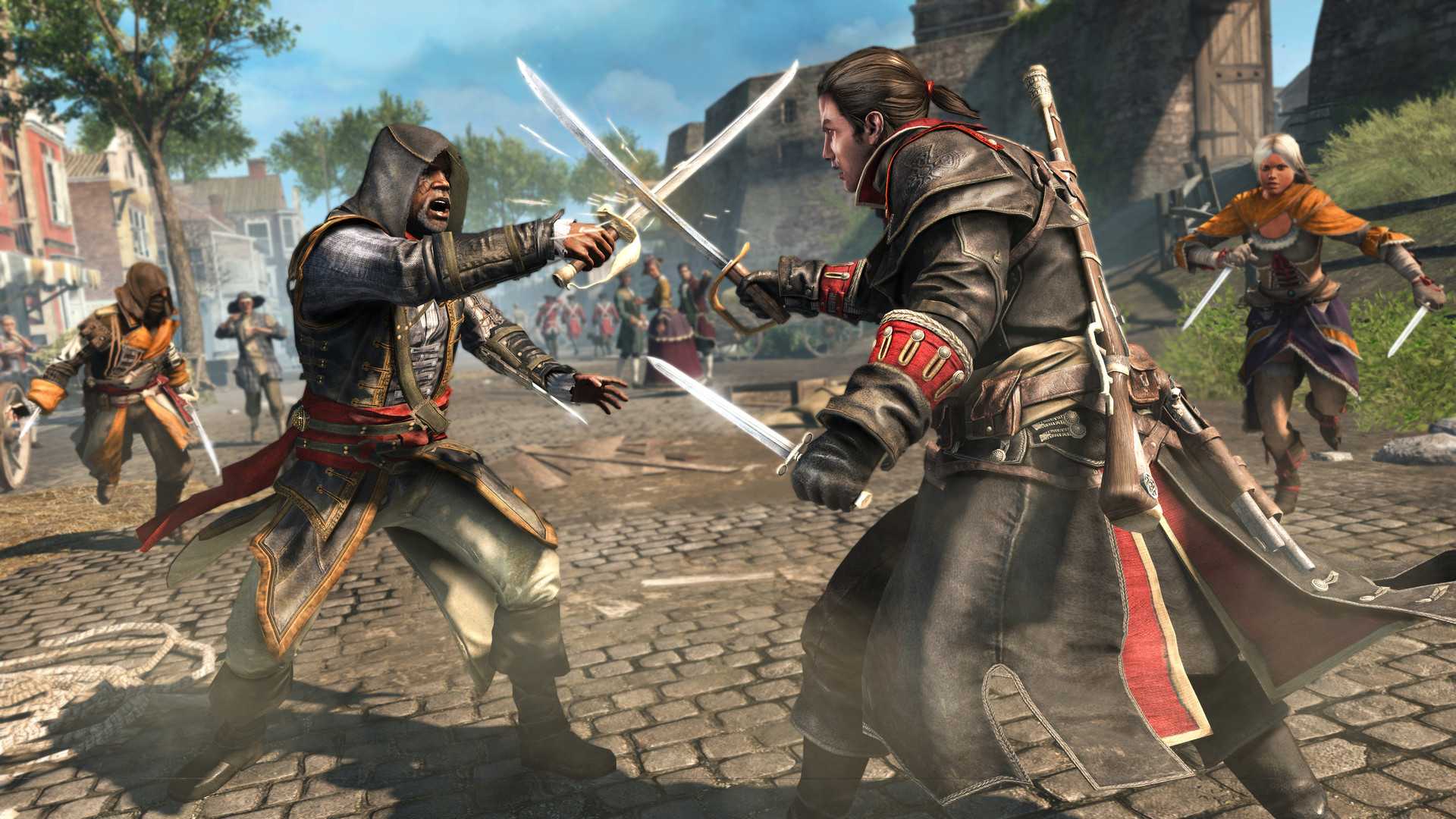 Shay an assassin with a sword and a small knife with other assassins running towards him