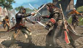 Shay an assassin with a sword and a small knife with other assassins running towards him