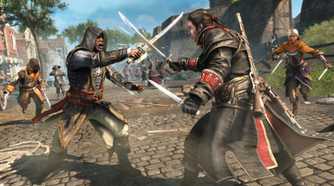 Shay an assassin with a sword and a small knife with other assassins running towards him