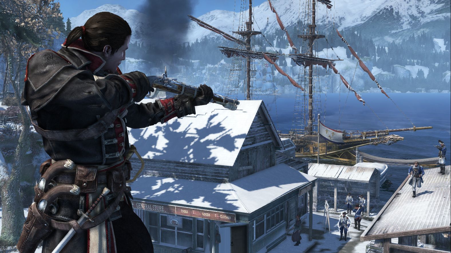 Shay holding a rifle, aiming slightly down to snipe soldiers in a snowy seaside environment