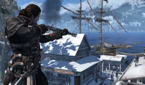 Shay holding a rifle, aiming slightly down to snipe soldiers in a snowy seaside environment