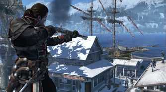 Shay holding a rifle, aiming slightly down to snipe soldiers in a snowy seaside environment