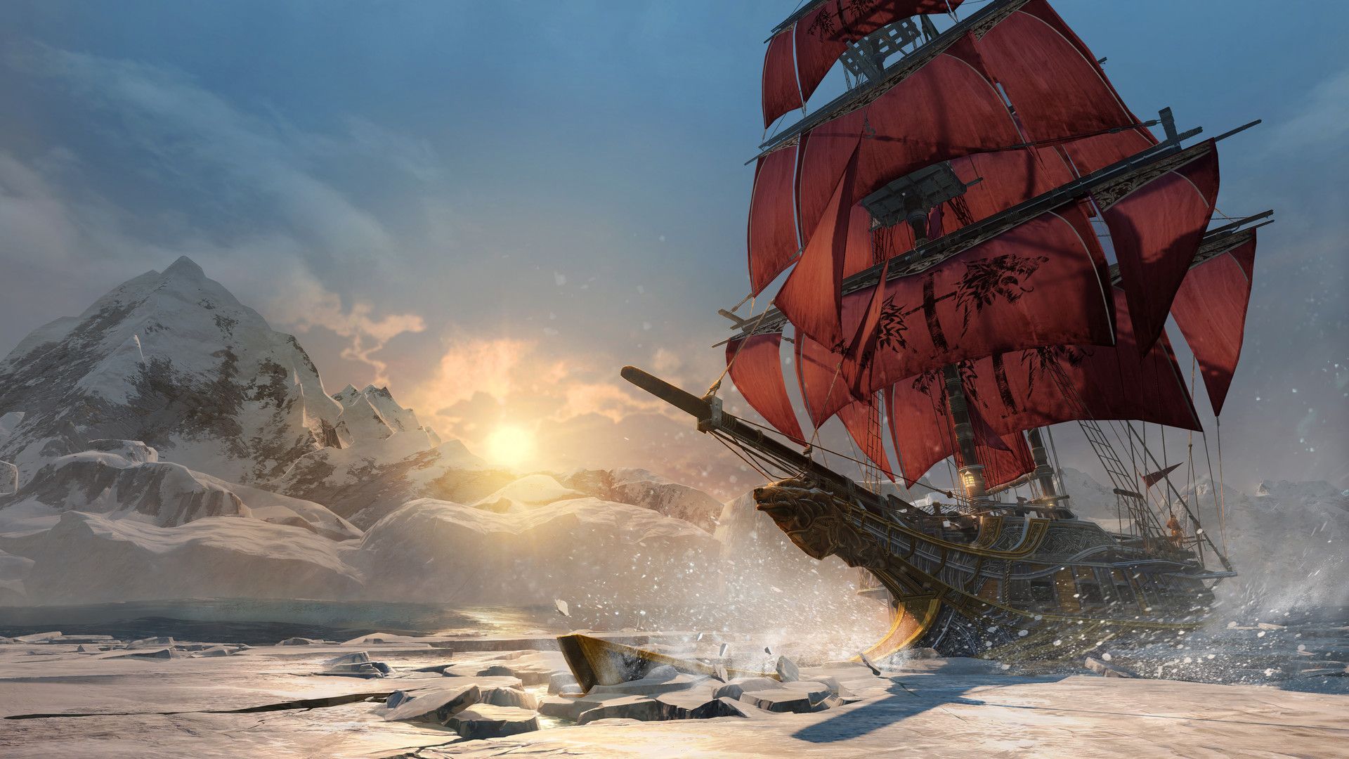 A red-flagged ship colliding with a flat iceberg with a snowy mountain in the background