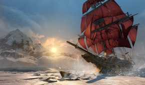 A red-flagged ship colliding with a flat iceberg with a snowy mountain in the background