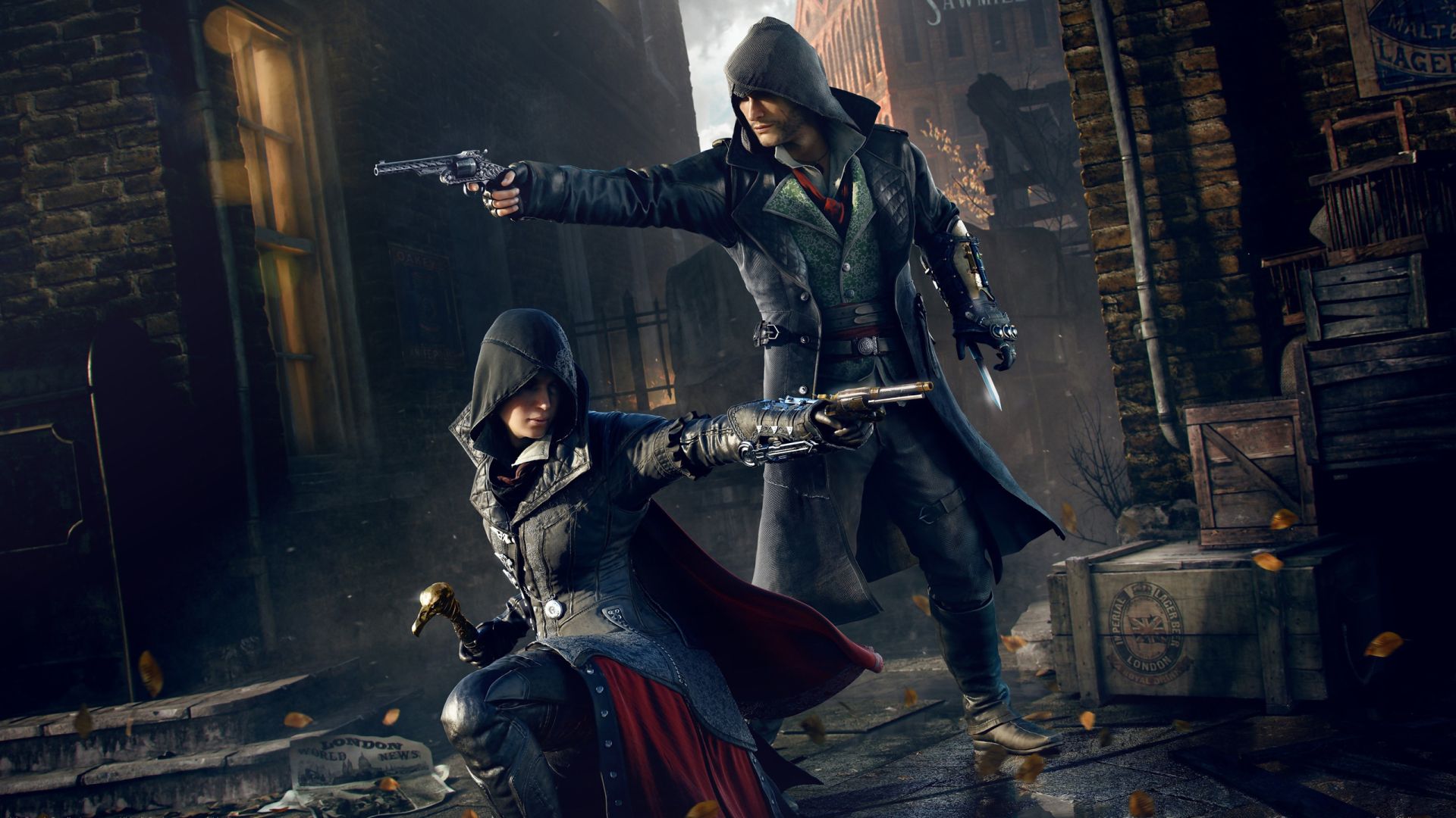 Jacob and Evie Frye posing with their guns in a London alleyway