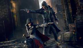 Jacob and Evie Frye posing with their guns in a London alleyway