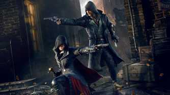 Jacob and Evie Frye posing with their guns in a London alleyway