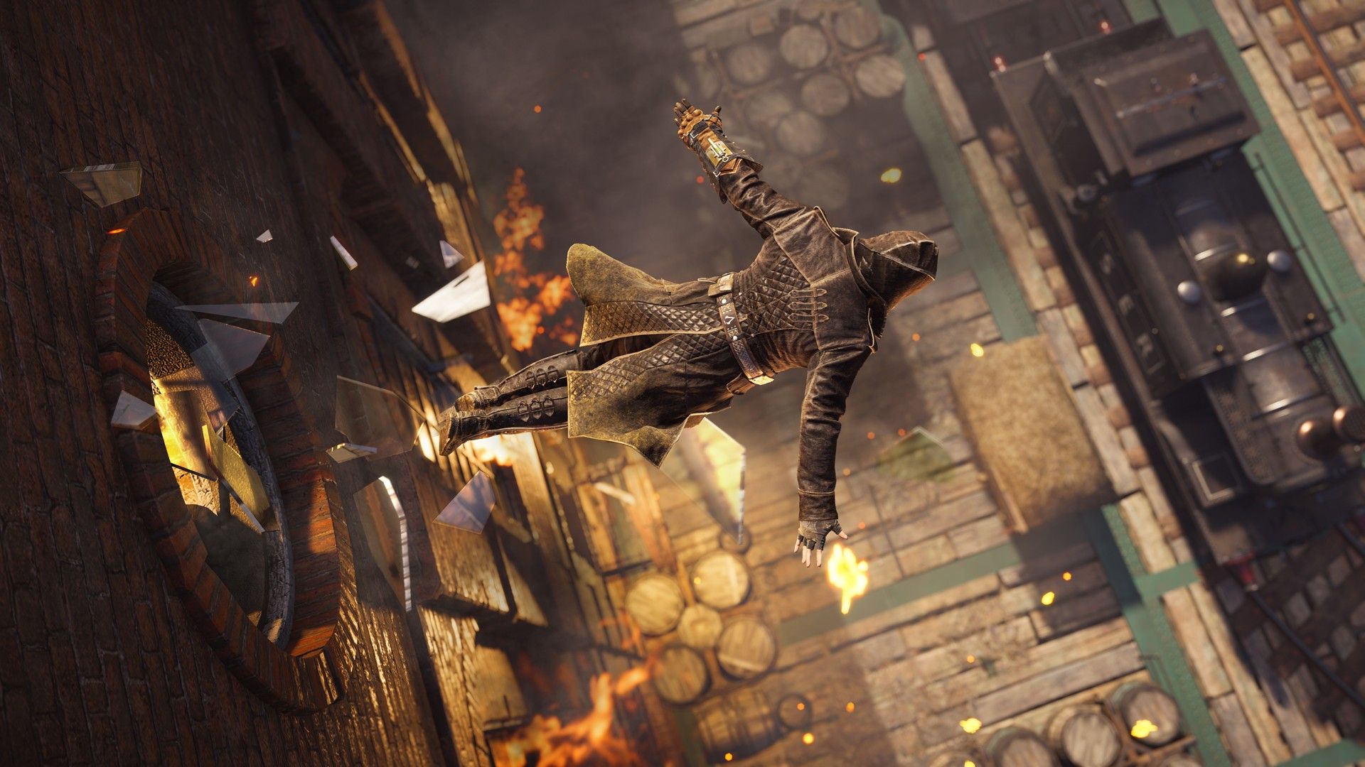 Top-view of Jacob jumping out of a window to do a leap of faith in a haystack beside a train