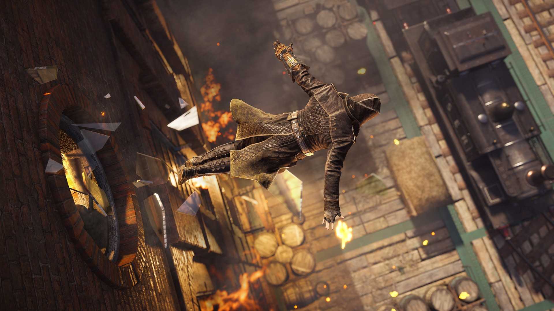 Top-view of Jacob jumping out of a window to do a leap of faith in a haystack beside a train