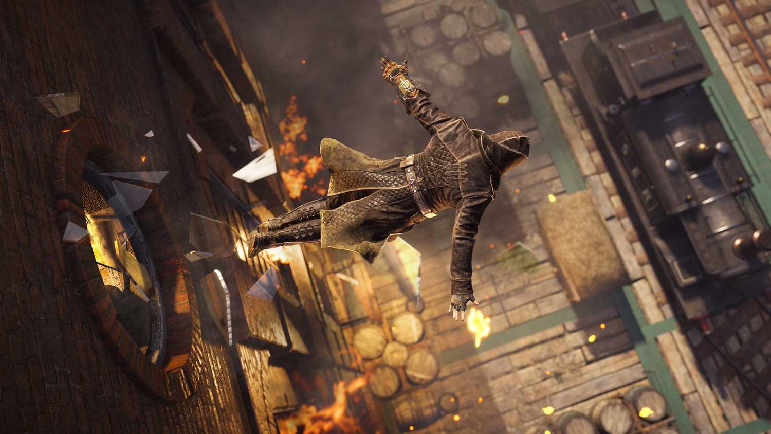 Top-view of Jacob jumping out of a window to do a leap of faith in a haystack beside a train