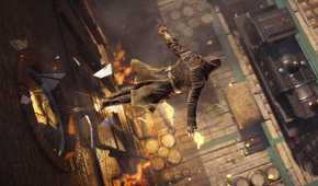Top-view of Jacob jumping out of a window to do a leap of faith in a haystack beside a train
