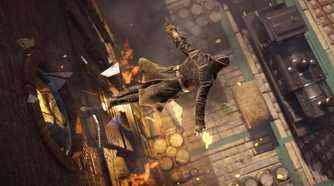 Top-view of Jacob jumping out of a window to do a leap of faith in a haystack beside a train