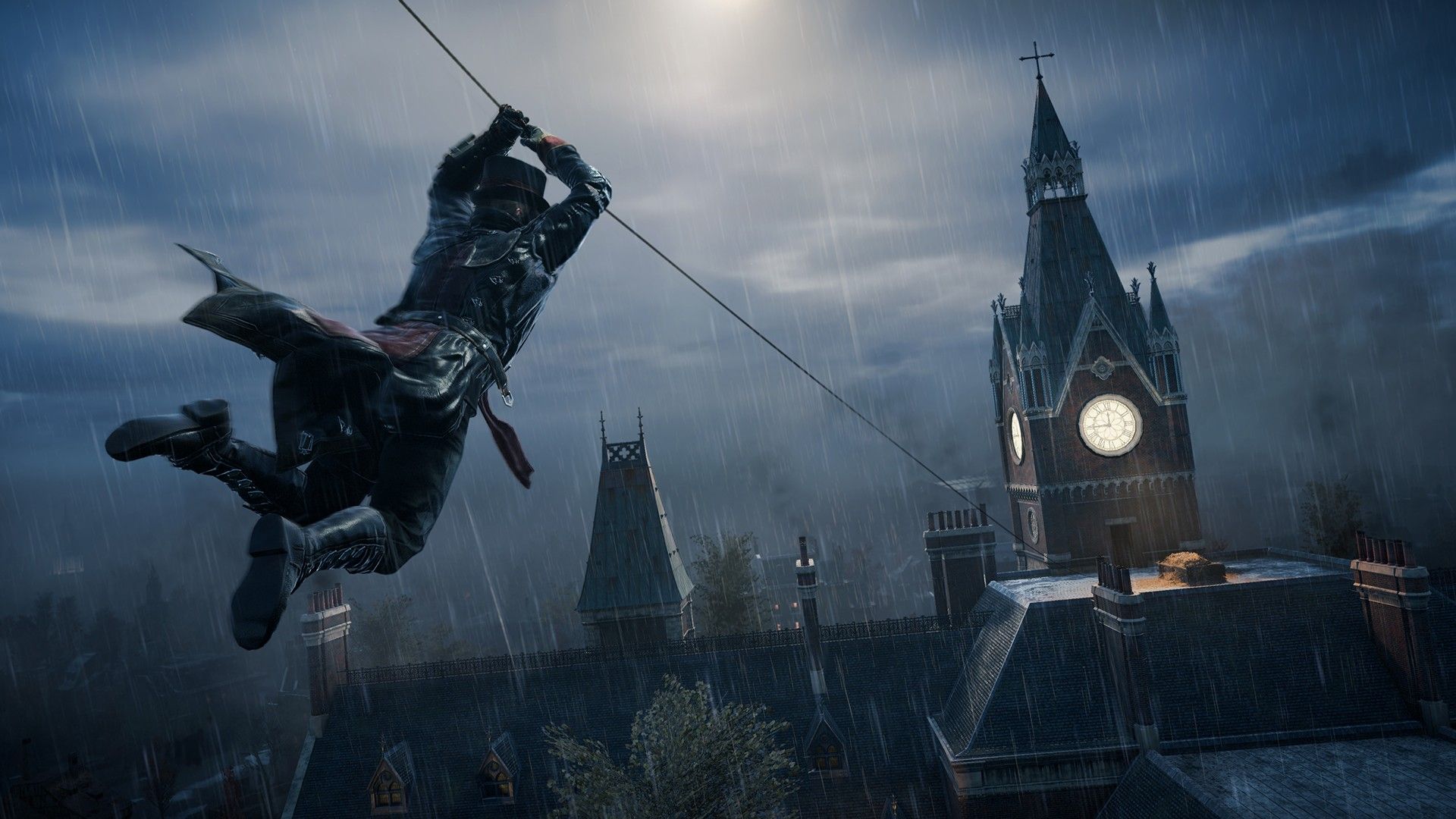 Jacob using his zipline between London rooftops in a cloudy night