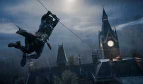 Jacob using his zipline between London rooftops in a cloudy night